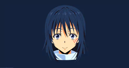 Minimalist vector portrait of Shizue Izawa from That Time I Got Reincarnated as a Slime, smiling with blue hair and anime-style features, in 8K Ultra HD desktop wallpaper quality.