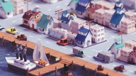 Artistic HD PC desktop wallpaper featuring a detailed miniature cityscape with colorful houses, streets, and a waterfront dock with a sailboat.