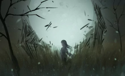 Anime-style original HD desktop wallpaper showing a solitary figure standing amid tall grass with dimly lit, broken structures under a large, pale moon.