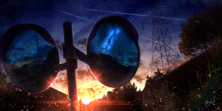 HD Anime desktop wallpaper of a sunset in a town reflected in round mirrors, with power lines and trees silhouetted against a vibrant sky.