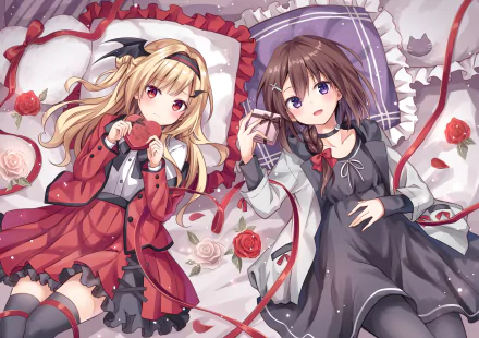 HD anime wallpaper with two girls lying on a bed, surrounded by red roses and ribbons. One girl has blonde hair and red eyes, wearing a red outfit, while the other has brown hair and purple eyes, wearing a black dress.