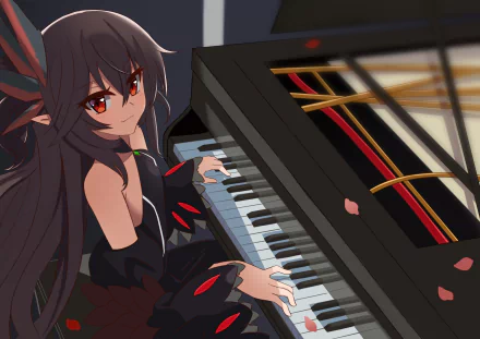Anime-style character with dark hair playing a grand piano, set in a detailed HD PC desktop wallpaper themed around music.