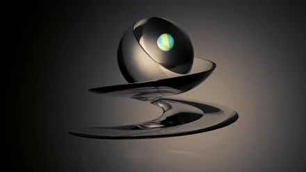 Abstract black HD PC desktop wallpaper: glossy, ribbon-like black sculpture cradles a polished orb with a blue-green core against a dark gradient background.