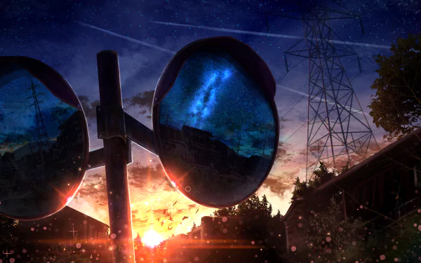 HD Anime desktop wallpaper of a sunset in a town reflected in round mirrors, with power lines and trees silhouetted against a vibrant sky.