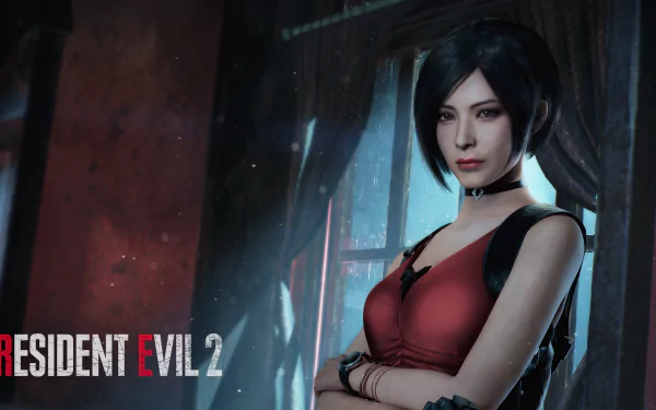 HD wallpaper featuring Ada Wong from Resident Evil 2 (2019), posing confidently with arms crossed in a dimly lit room with a window backdrop. The Resident Evil 2 logo is displayed on the left.