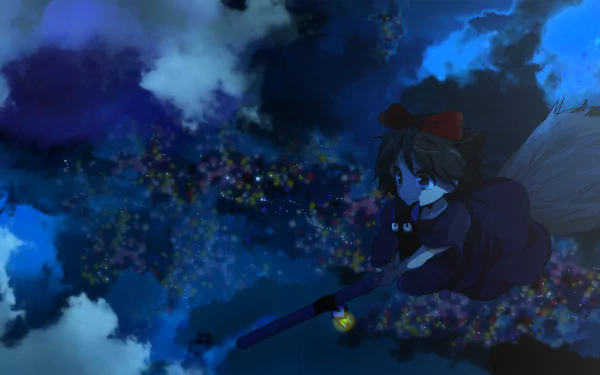 HD anime desktop wallpaper featuring Kiki from Kiki's Delivery Service flying on her broomstick through a starry night sky.