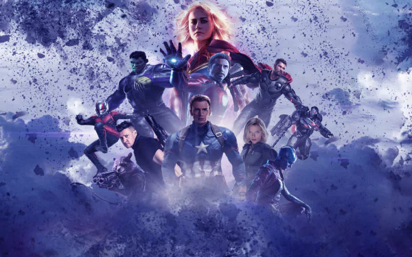 HD desktop wallpaper featuring characters from Avengers: EndGame, including Rocket Raccoon, Black Widow, Nebula, War Machine, Thor, Captain Marvel, Ant-Man, Hawkeye, Hulk, Iron Man, and Captain America.