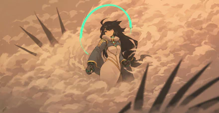 HD desktop wallpaper of an original anime character, featuring a dark-haired figure surrounded by swirling clouds and spikes with a green halo behind them.