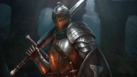 A Dark Souls warrior clad in detailed armor, wielding a sword and shield, set against a dark, atmospheric background in 4K Ultra HD quality.