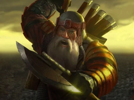 HD PC desktop wallpaper from The Lord of the Rings: The Battle for Middle-Earth II video game, featuring a fierce dwarf warrior ready for battle in a dramatic scene.