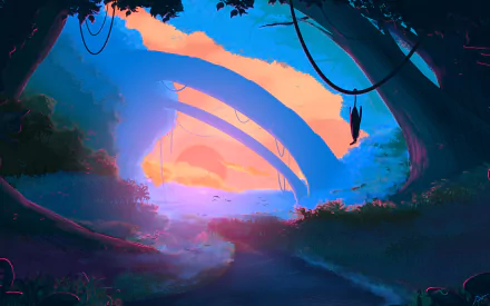 Artistic HD desktop wallpaper featuring a vibrant landscape with a sunset, lush trees, and curved wooden structures framing the scene.