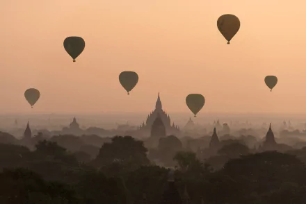 bagan horizon fog landscape vehicle hot air balloon HD Desktop Wallpaper | Background Image