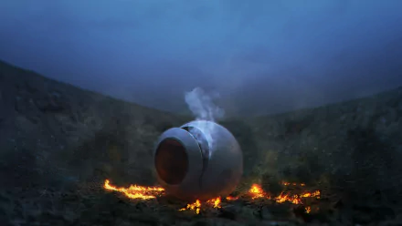 A dramatic scene featuring a capsule surrounded by fire and smoke, inspired by anime aesthetics and reminiscent of the Dragon Ball universe, serves as an engaging HD PC desktop wallpaper.