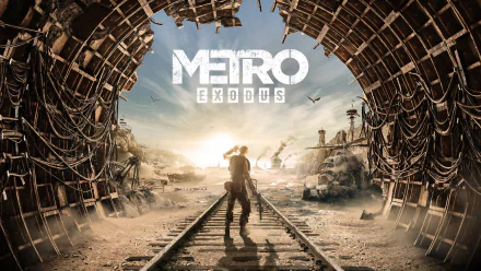 HD wallpaper of Metro Exodus video game featuring a lone figure standing on railway tracks inside a ruined tunnel, gazing towards a desolate, post-apocalyptic landscape.