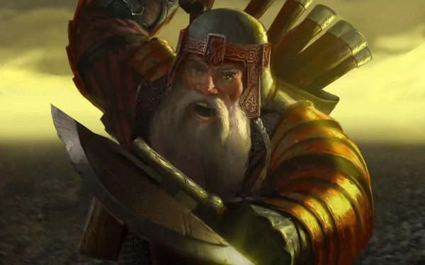 HD PC desktop wallpaper from The Lord of the Rings: The Battle for Middle-Earth II video game, featuring a fierce dwarf warrior ready for battle in a dramatic scene.