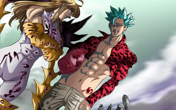 HD PC wallpaper featuring anime characters Meliodas, Ban, Hawk, and the Demon King from The Seven Deadly Sins in dynamic poses against a cloudy sky background.