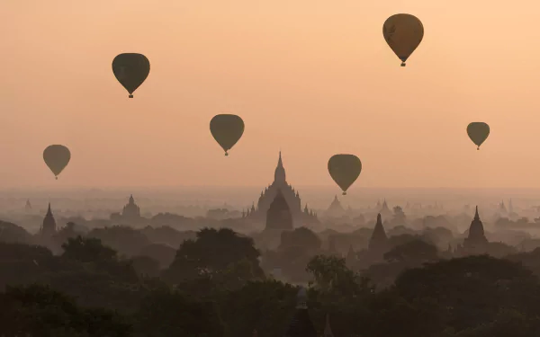bagan horizon fog landscape vehicle hot air balloon HD Desktop Wallpaper | Background Image
