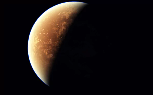 8K Ultra HD PC desktop wallpaper and background: sci‑fi Mars-like planet in deep space, half illuminated with a textured reddish surface against black space.