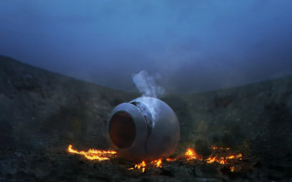 A dramatic scene featuring a capsule surrounded by fire and smoke, inspired by anime aesthetics and reminiscent of the Dragon Ball universe, serves as an engaging HD PC desktop wallpaper.