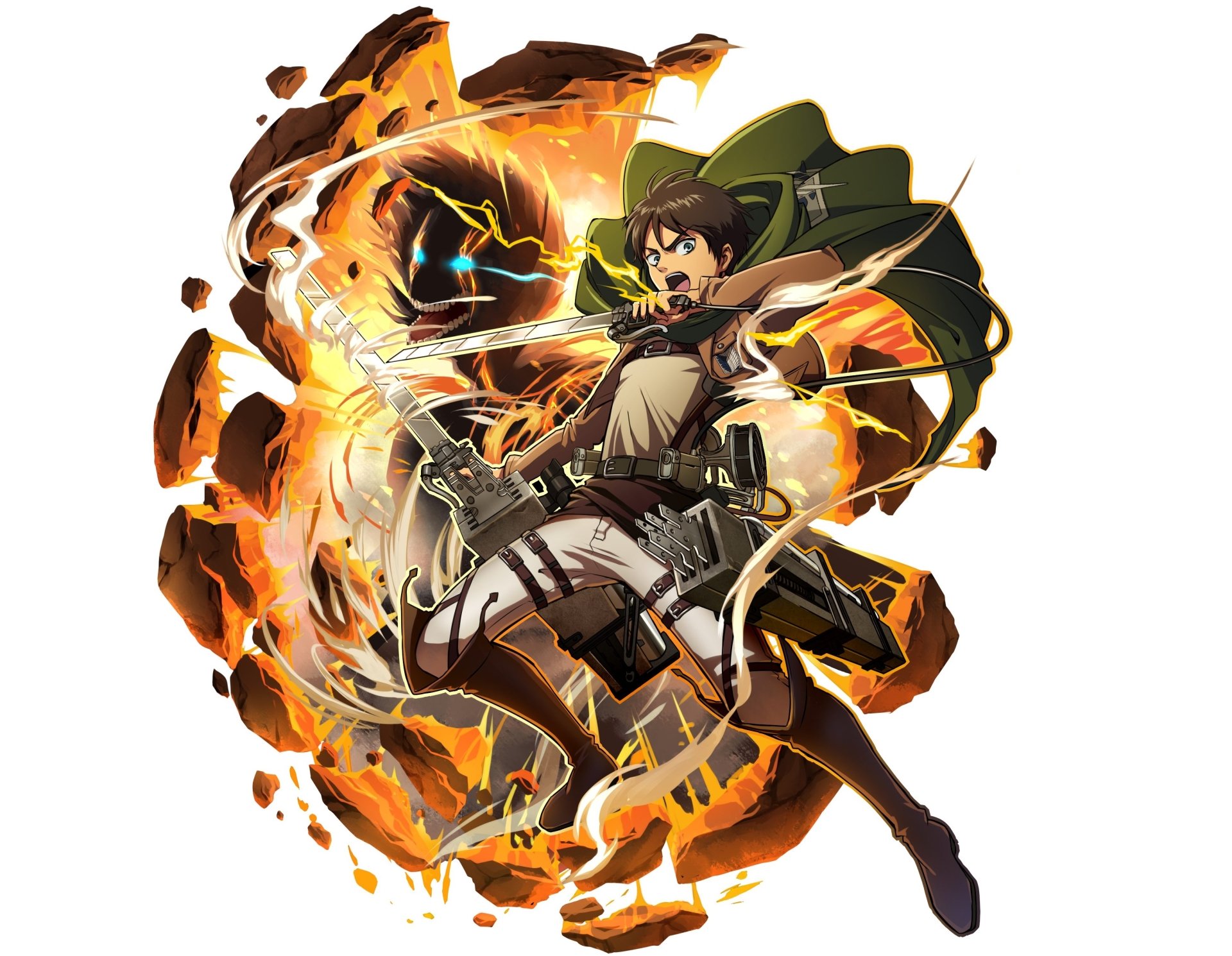 HD anime desktop wallpaper featuring Eren Yeager from Attack on Titan, depicted in dynamic action with vibrant flames and lightning effects.