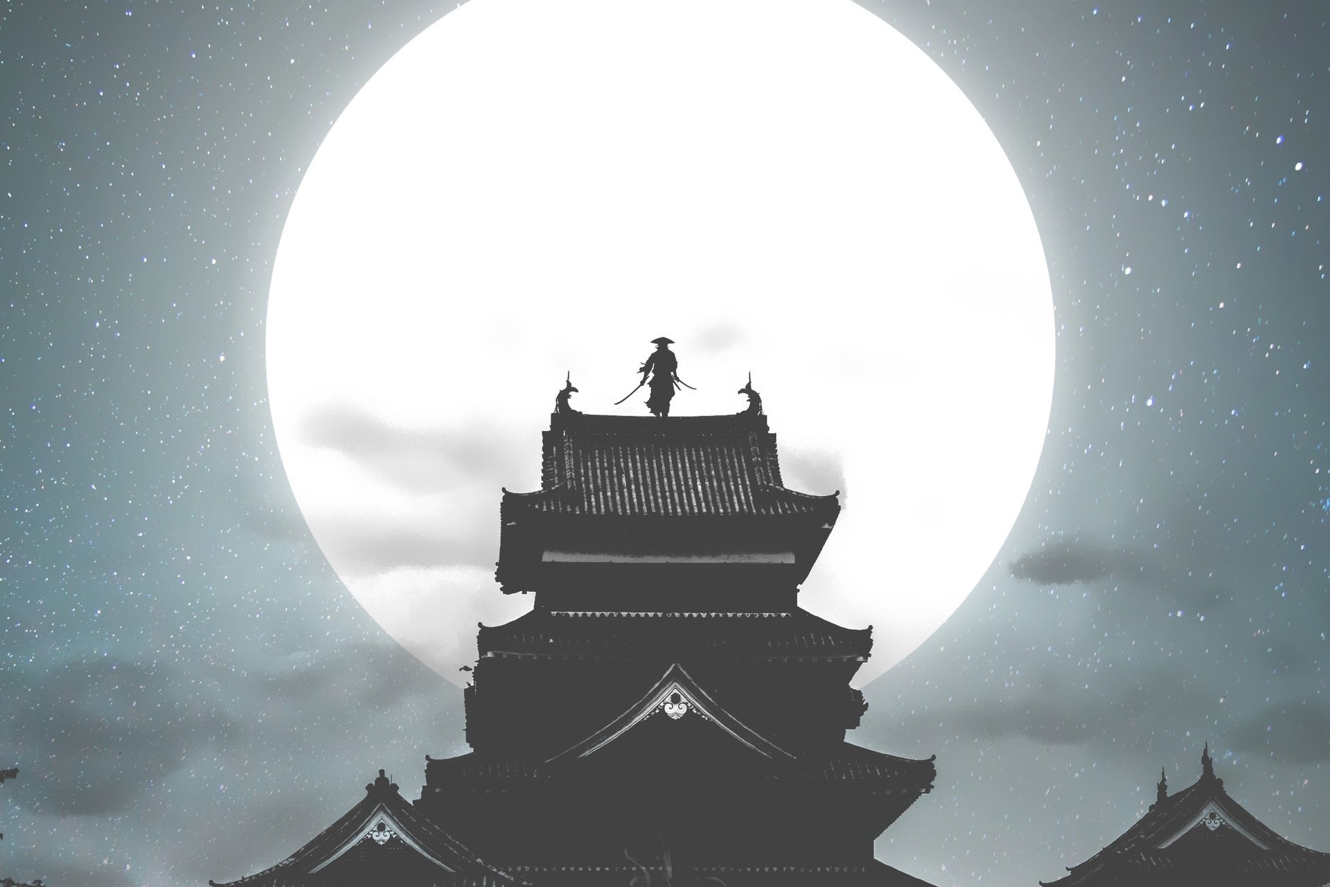 A silhouette of a samurai warrior stands on a pagoda rooftop against a massive full moon at night, creating a striking fantasy scene. This HD desktop wallpaper exudes mystery and strength.