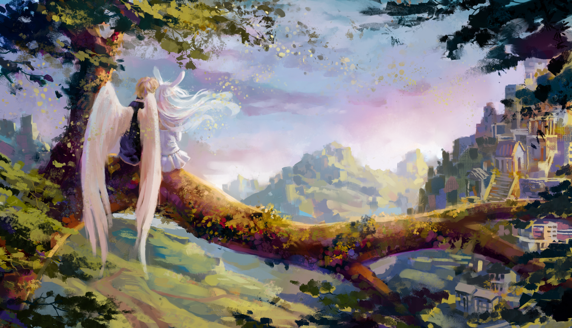 HD fantasy desktop wallpaper depicting an angel with flowing white hair and wings sitting on a tree branch, overlooking a vibrant, love-filled landscape.