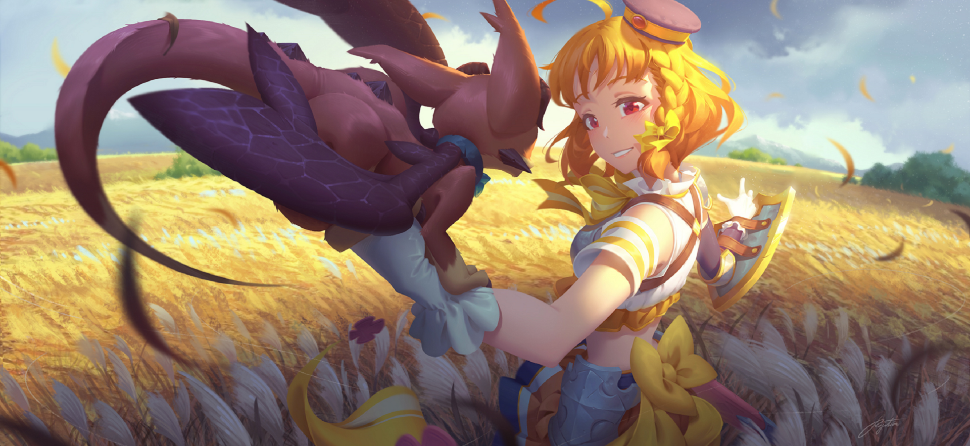 HD anime desktop wallpaper of Chika Takami from Love Live! Sunshine!! with red eyes and blonde hair, standing in a sunlit field holding a bird.