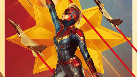 HD desktop wallpaper of Brie Larson as Captain Marvel, featuring her in a heroic pose with a vibrant background, accented by fighter jets and dynamic star motifs.