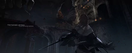 Pixiv Fantasia — Last Saga anime HD PC desktop wallpaper: cloaked warrior with a long spear in a ruined gothic cathedral facing a looming dragon-like gargoyle.