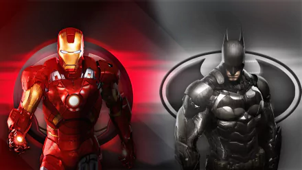 HD PC wallpaper background: Batman and Iron Man movie crossover — glowing red Iron Man beside dark armored Batman with Bat-symbol behind them.