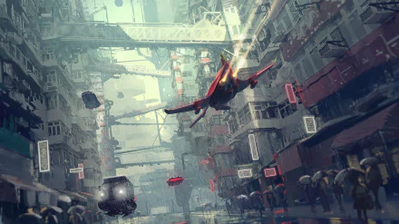 A futuristic sci-fi city with rain, bustling people, and flying vehicles navigating through towering structures in this HD desktop wallpaper background.