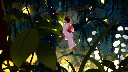 Anime-style wallpaper of a little girl in a forest at night, reaching to catch glowing fireflies amidst lush foliage and soft, magical lighting.