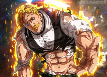 An HD desktop wallpaper featuring Escanor from The Seven Deadly Sins. The blonde, muscular character stands powerfully with a burning aura, displaying intense strength and detail typical of anime art.