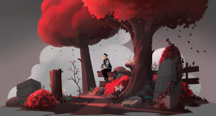 A boy sitting on a bench under a large, vibrant red tree surrounded by artistic foliage, captured in stunning 4K Ultra HD for a PC desktop wallpaper.