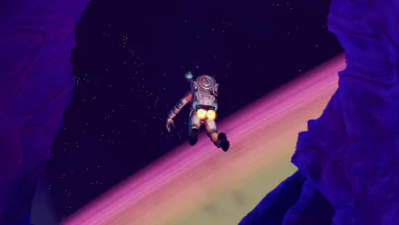 No Man's Sky video game HD PC desktop wallpaper: spacesuited explorer floats above a pastel-ringed planet, framed by purple rock arches against a starry void.