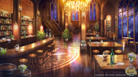 HD PC desktop wallpaper from the video game WonderWorks: Fire Fly Garden, showcasing a warm, glowing interior of a cozy, ornate café with chandeliers and stained glass windows.