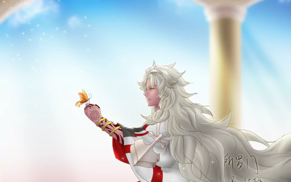 Solomon (Fate/Grand Order) anime portrait: long silver hair, white and red robes, holding a butterfly against a bright sky — 2K Quad HD PC desktop wallpaper.
