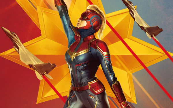 HD desktop wallpaper of Brie Larson as Captain Marvel, featuring her in a heroic pose with a vibrant background, accented by fighter jets and dynamic star motifs.