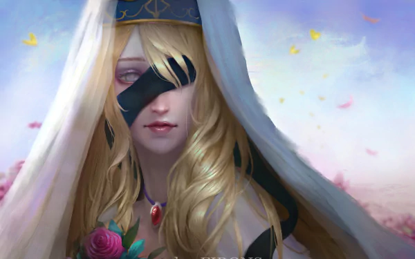 HD anime wallpaper featuring Sword Maiden from Goblin Slayer with flowing blonde hair, a white veil, and a serene expression against a soft pastel background.