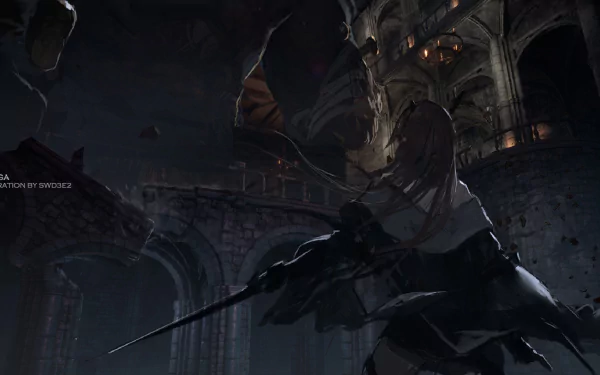 Pixiv Fantasia — Last Saga anime HD PC desktop wallpaper: cloaked warrior with a long spear in a ruined gothic cathedral facing a looming dragon-like gargoyle.