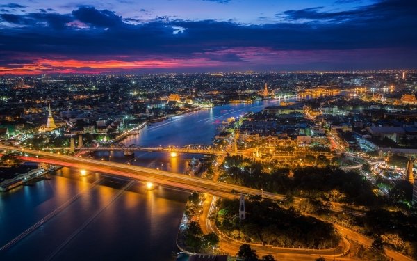 Man Made Bangkok Cities Thailand Night City River Cityscape Bridge HD Wallpaper | Background Image