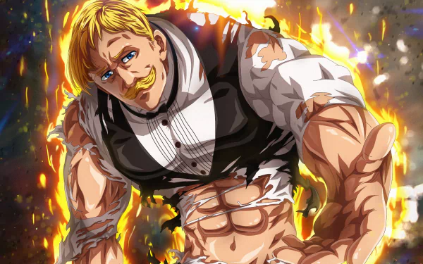 An HD desktop wallpaper featuring Escanor from The Seven Deadly Sins. The blonde, muscular character stands powerfully with a burning aura, displaying intense strength and detail typical of anime art.