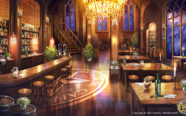 HD PC desktop wallpaper from the video game WonderWorks: Fire Fly Garden, showcasing a warm, glowing interior of a cozy, ornate café with chandeliers and stained glass windows.
