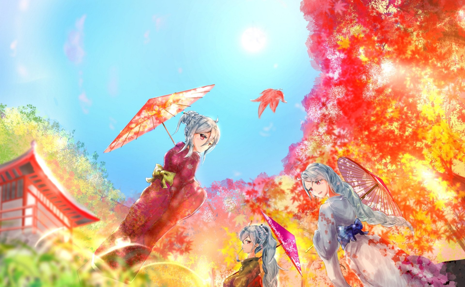 Anime-style HD desktop wallpaper featuring three characters in kimonos holding umbrellas near a shrine, surrounded by vivid autumn foliage under a bright blue sky.