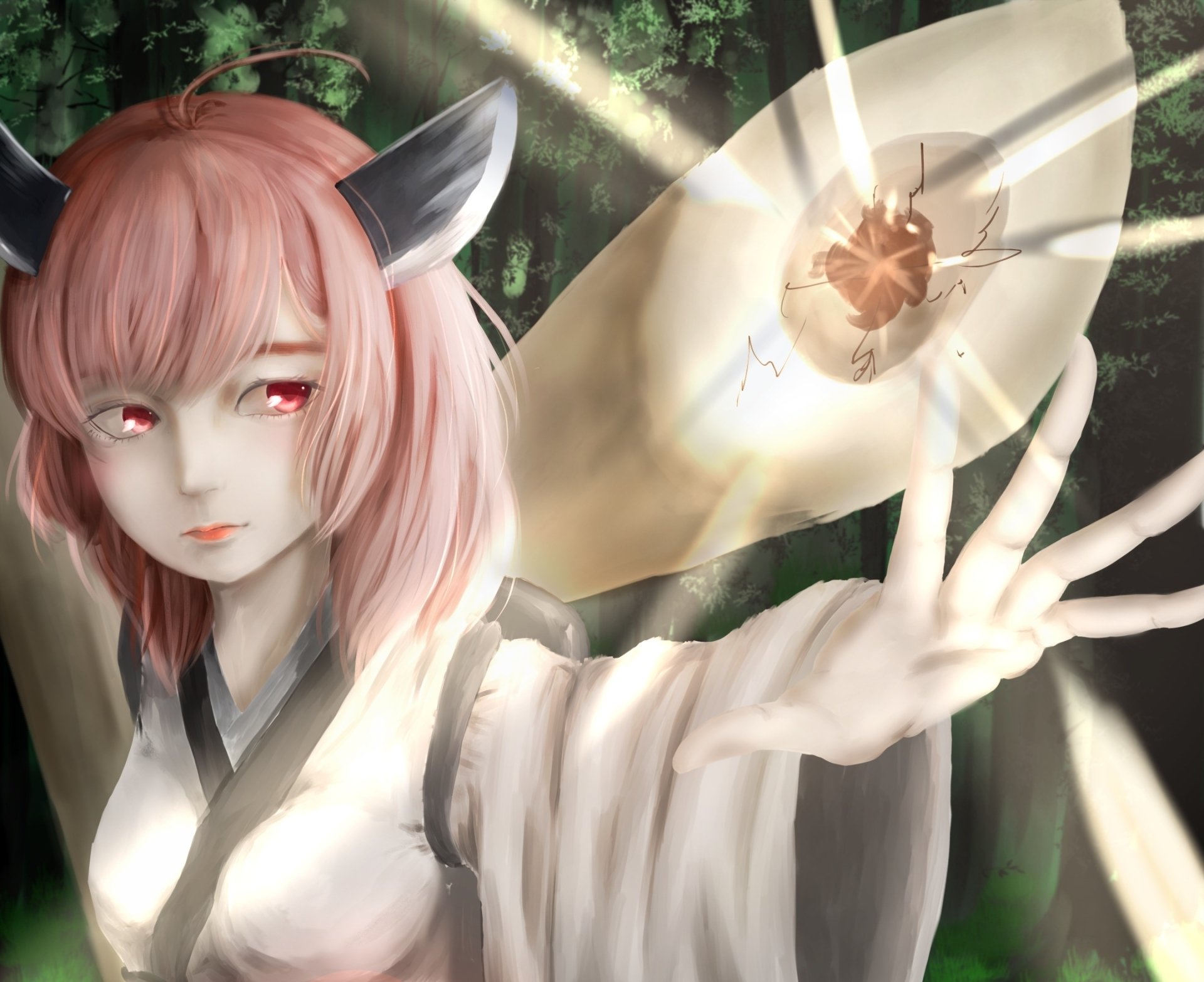 Tohoku Kiritan (Vocaloid) anime HD PC desktop wallpaper: pink-haired, horned girl in white robes reaching toward a glowing fan-like light amid a shadowy forest background.