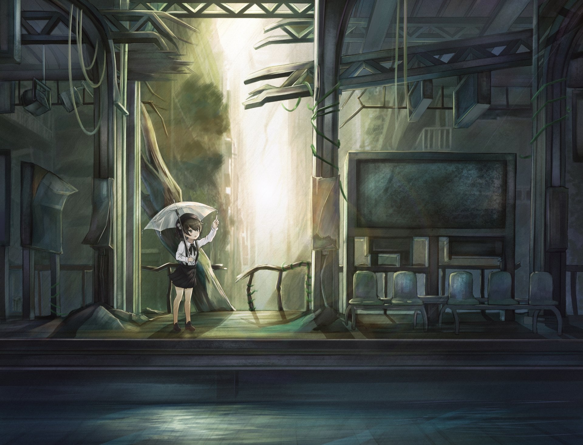 Hatoba Tsugu (Anime Virtual Youtuber) stands with an umbrella in an overgrown, dim train station lit by a shaft of sunlight — 4K Ultra HD PC desktop wallpaper/background.