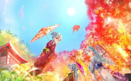 Anime-style HD desktop wallpaper featuring three characters in kimonos holding umbrellas near a shrine, surrounded by vivid autumn foliage under a bright blue sky.