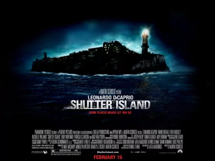 Shutter Island movie poster: brooding island and lighthouse at night over a stormy sea, HD PC desktop wallpaper and background.