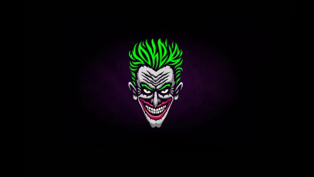 Minimalist comic-style Joker face with green hair and sinister smile on a dark background, designed as a 4K Ultra HD PC desktop wallpaper.