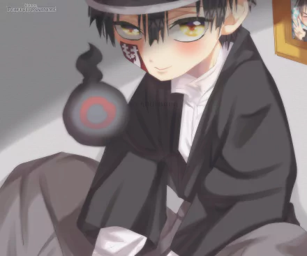 Anime 2K Quad HD PC wallpaper: Hanako-kun (Yugi Tsukasa) from Toilet-bound Hanako-kun, seated in black uniform with a floating spirit, soft shading, close-up portrait background.